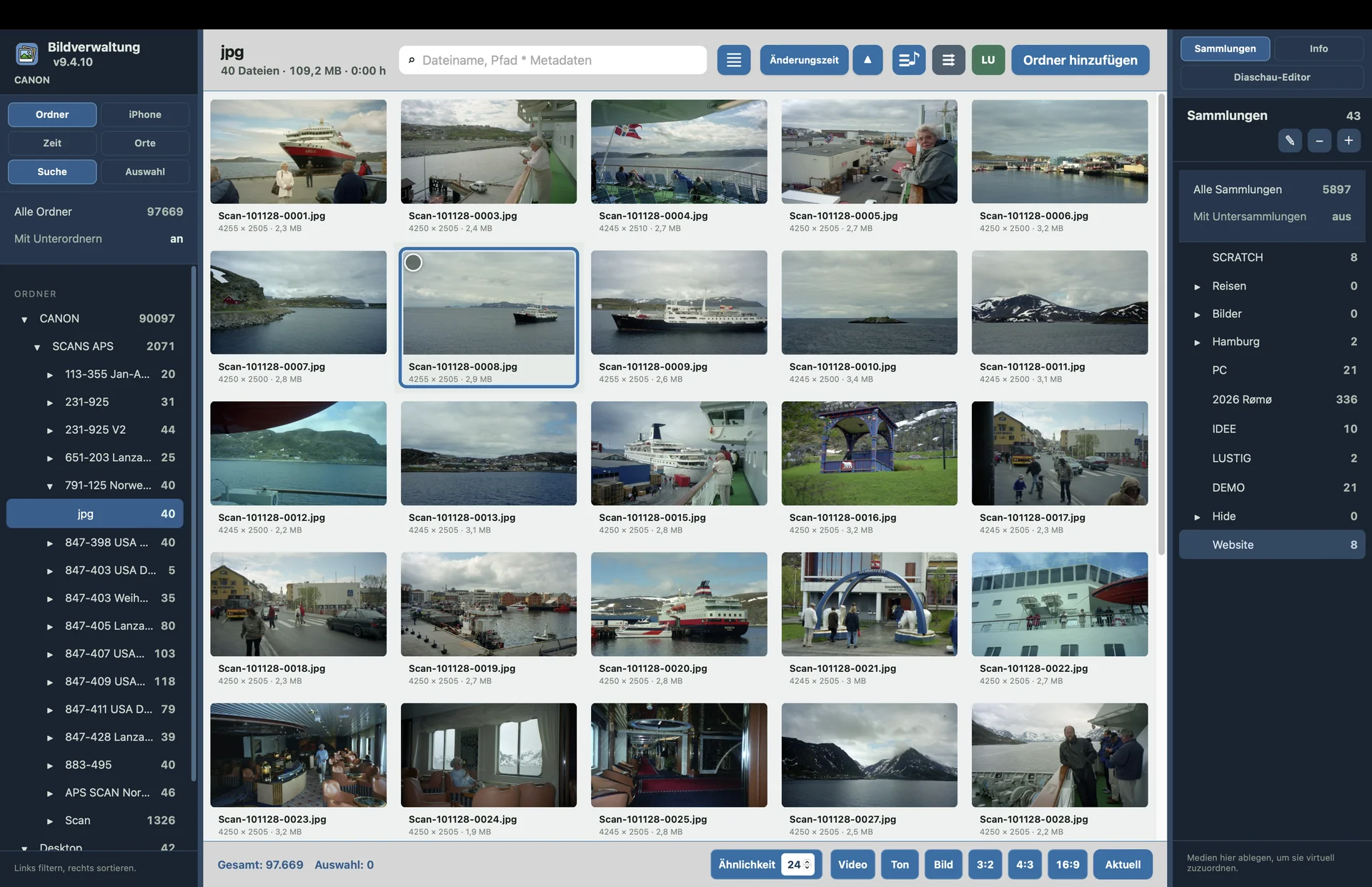 Bildverwaltung mit Foto-Vorschauen im Raster, Ordnernavigation und Sammlungen.