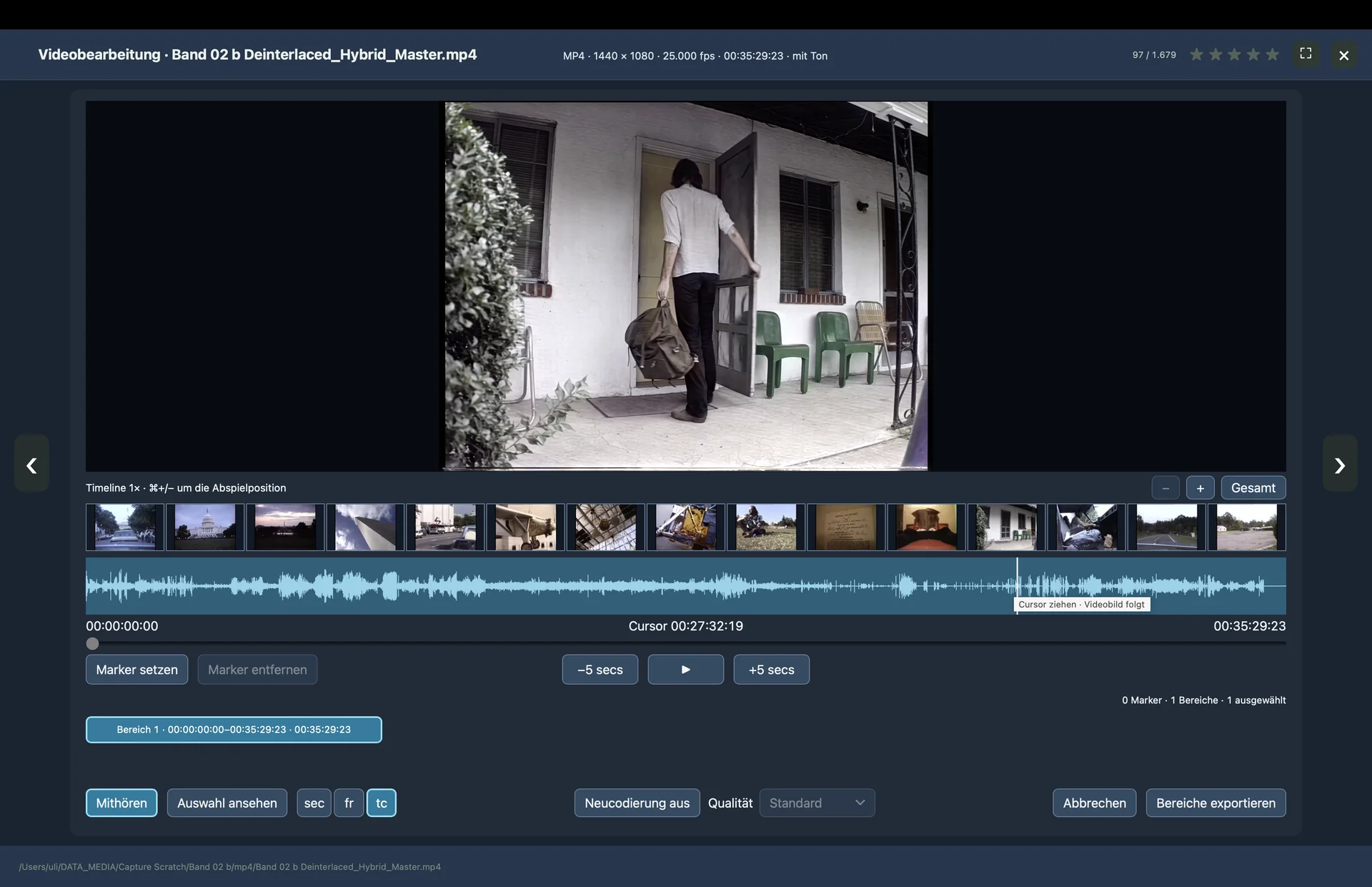 Videobearbeitung mit Filmvorschau, Einzelbild-Zeitleiste, Tonspur und Exportsteuerung.