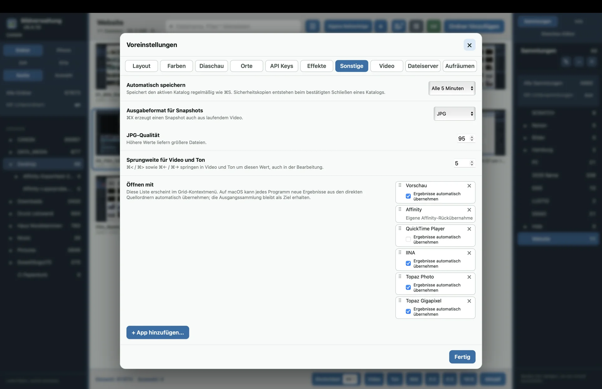 Voreinstellungen von Bildverwaltung mit Optionen für automatisches Speichern, Snapshots und externe Programme.